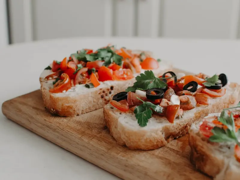 Fresh bruschetta with tomatoes and basil on toasted bread