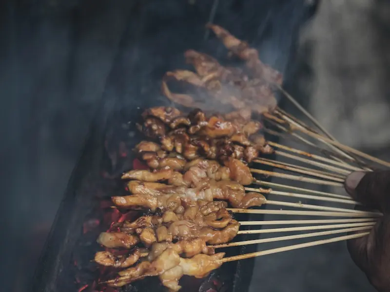 Grilled chicken satay skewers with peanut dipping sauce